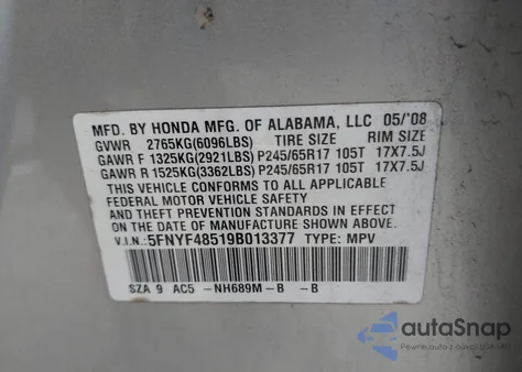 2009 Honda Pilot Ex-L from USA, damaged, VIN 5FNYF48519B013377